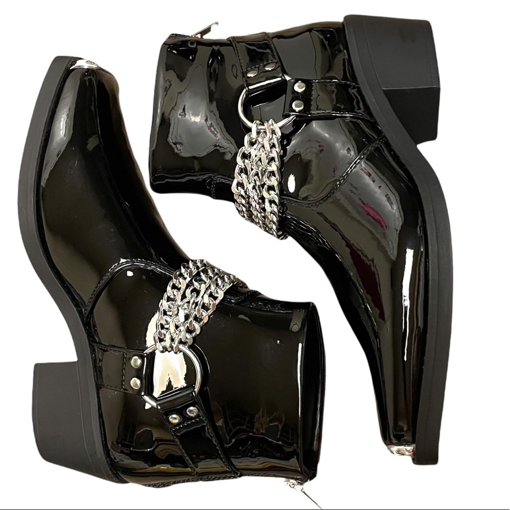ASOS DESIGN cuban heel western chelsea boots in black patent with silver chain